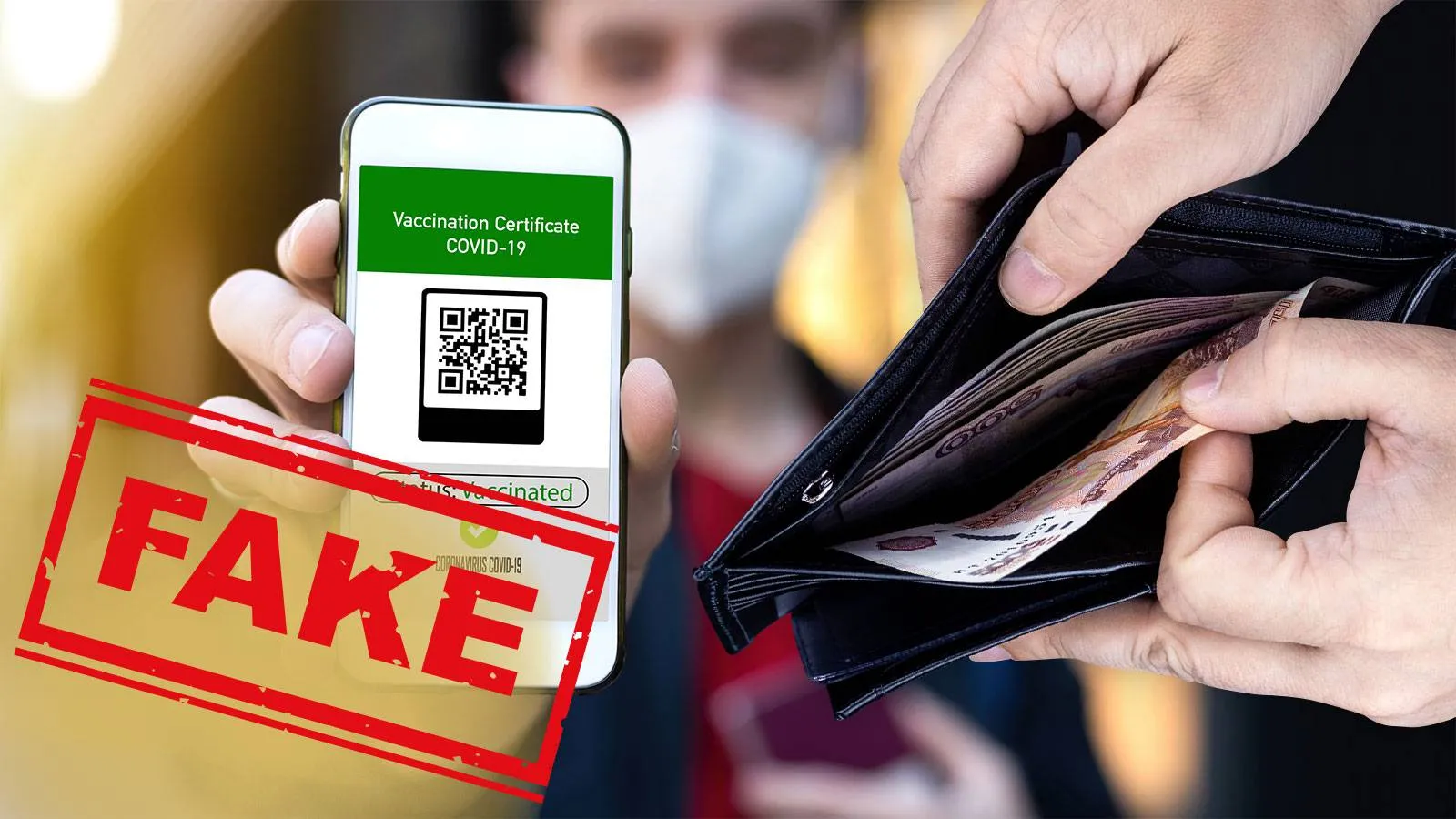 Смартфон с QR-кодом о вакцинации и надписью "fake", рядом человек с бумажником