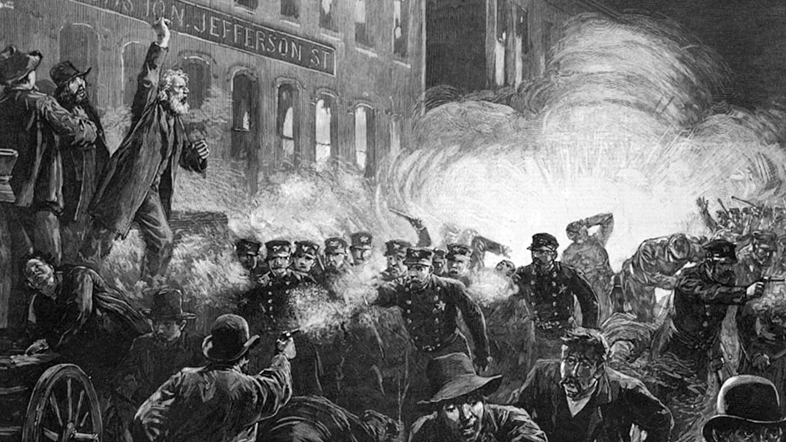 Разгон бунта в Чикаго на Хеймаркетской площади.
