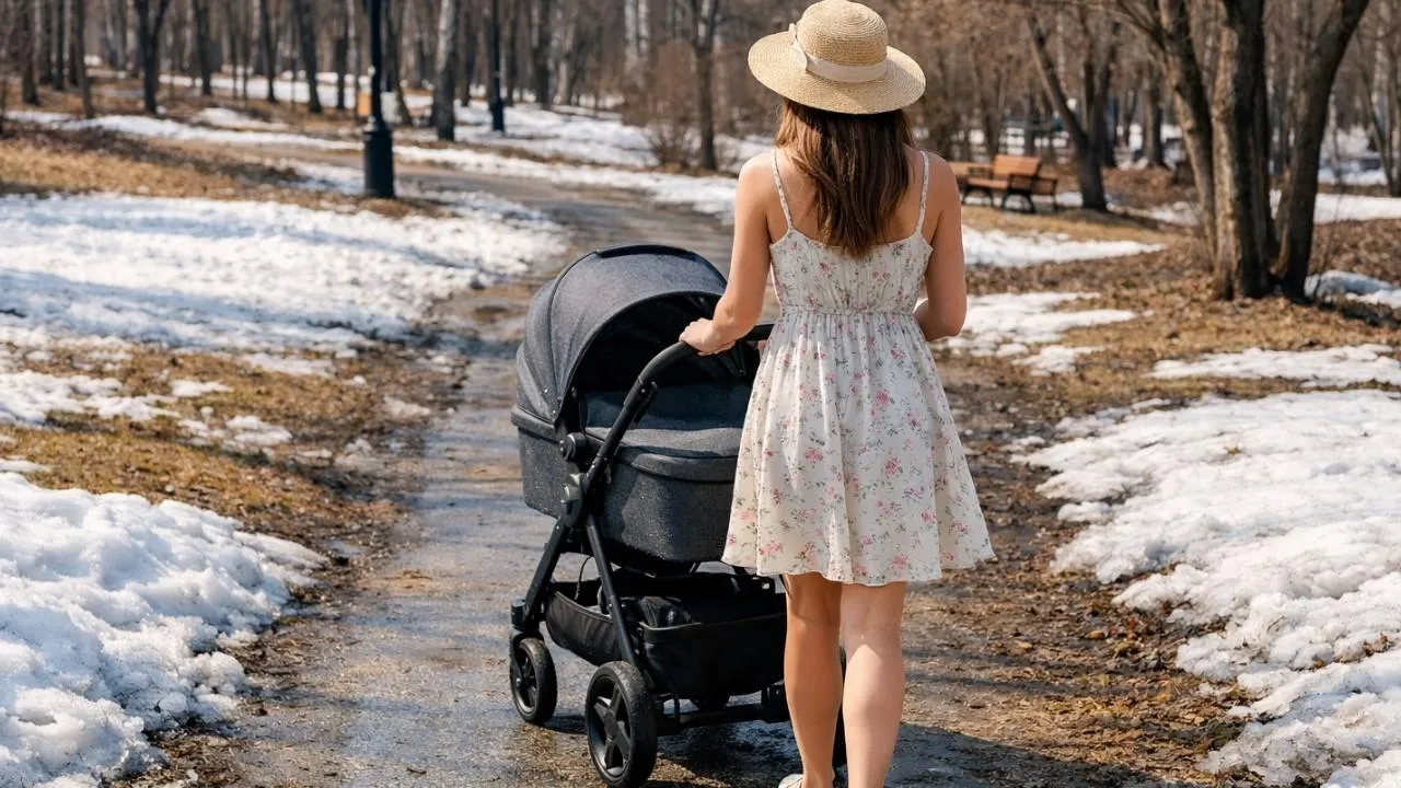 В Одинцове девушка в летнем платье и сандалиях вышла гулять с коляской, несмотря на снег