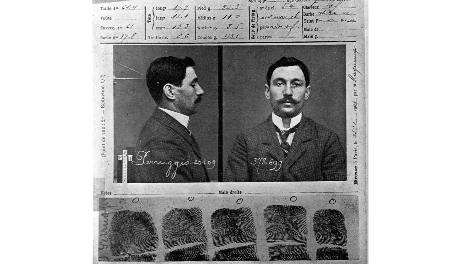 Лист из уголовного дела Винченцо Перуджа — фото и отпечатки пальцев, январь 1909 года