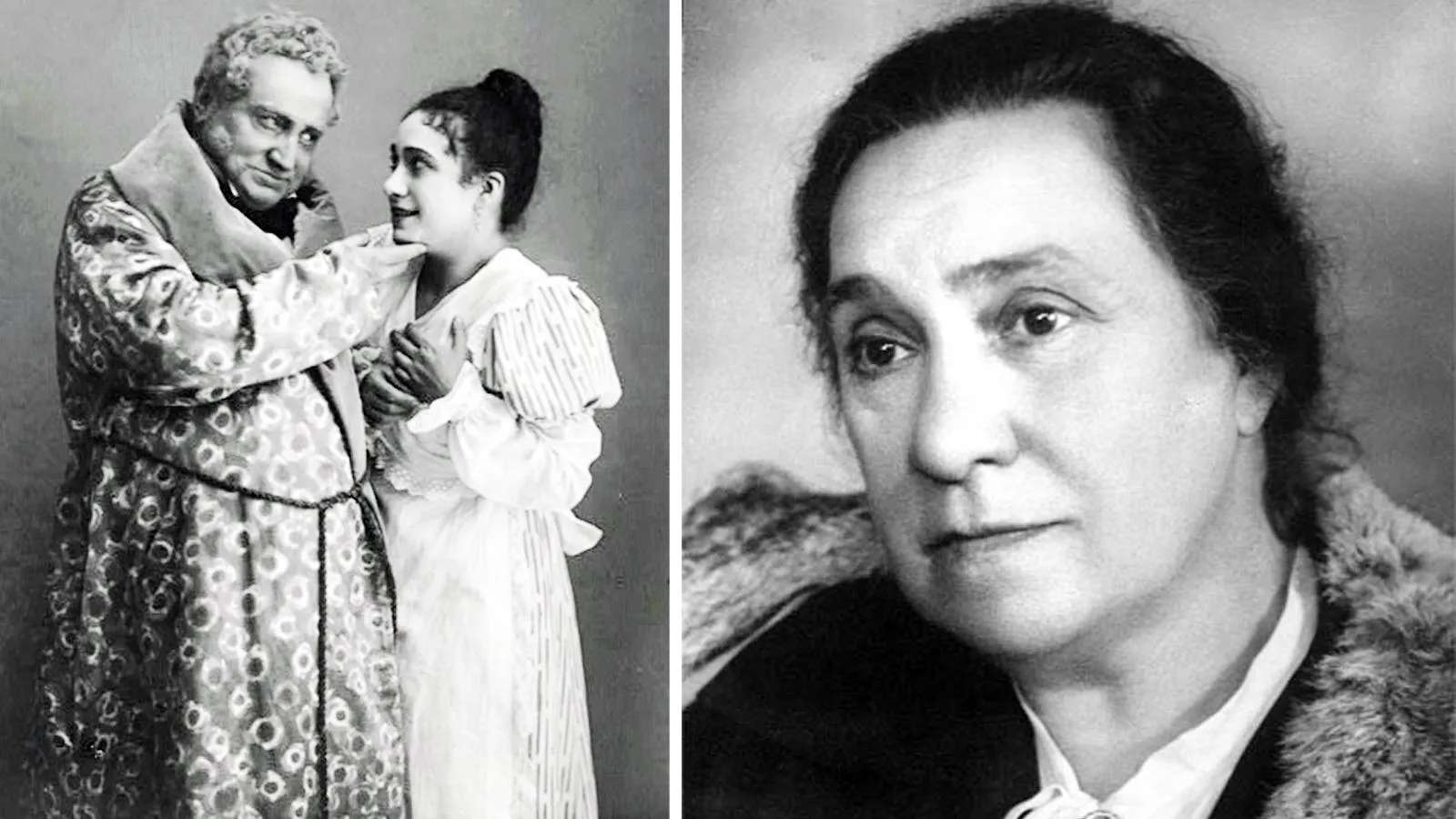 Вера Пашенная и Александр Южин в спектакле «Горе от ума», Малый театр, 1915 год; Вера Пашенная в 1961 году