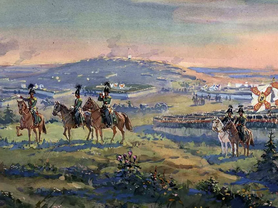 В. Шевченко&nbsp;«Сверкнул за строем строй», иллюстрация к стихотворению М. Лермонтова&nbsp;«Бородино», 1970-е годы, бумага, акварель