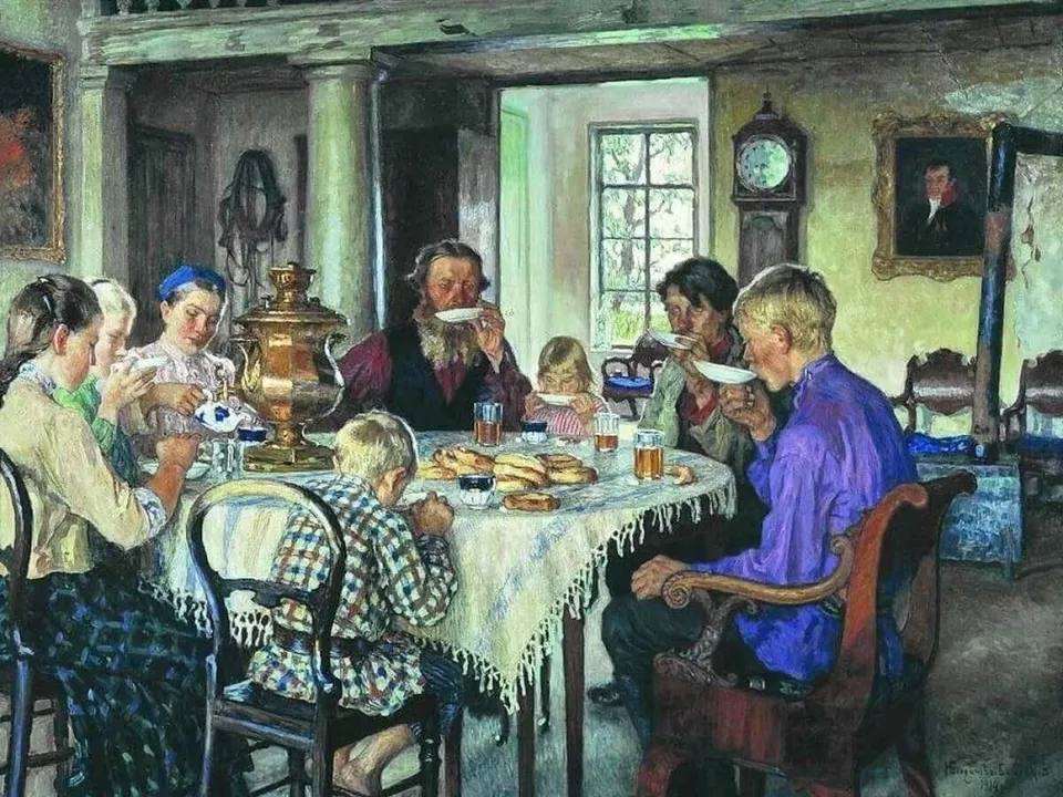 Картина&nbsp;«Новые хозяева. Чаепитие». Н. Богданов-Бельский. 1913 год