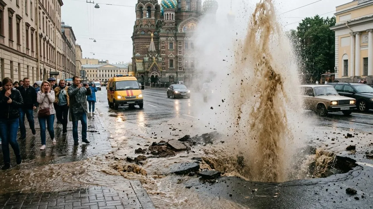 Коммунальный гейзер на Васильевском: в Петербурге мощный фонтан забил прямо из-под асфальта