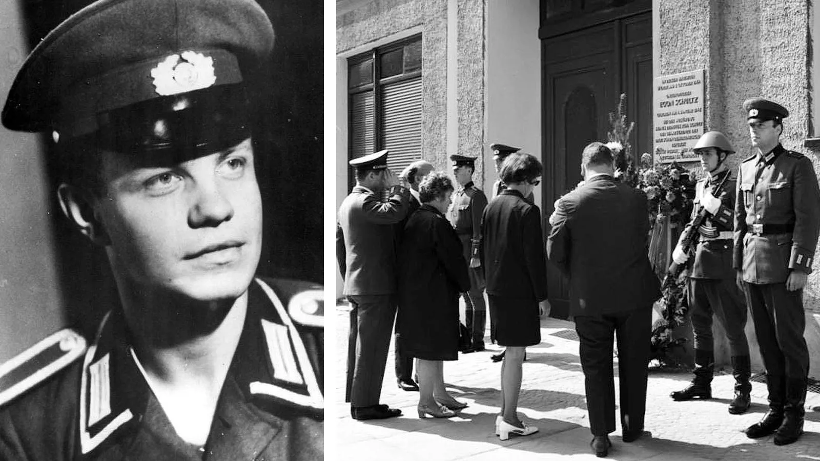 Сержант погранвойск Эгон Шульц; панихида возле мемориальной доски Шульцу на Стрелитцер-штрассе, 55