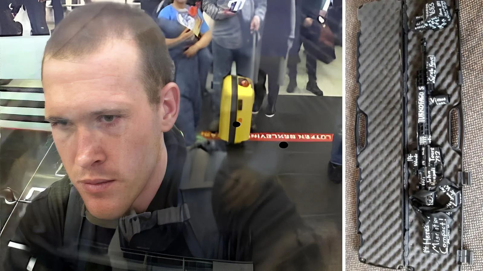 Снимок Брентона Тарранта в аэропорту Стамбула; один из экземпляров огнестрельного оружия, которое Таррант использовал во время нападения