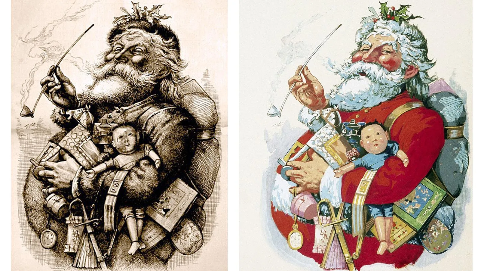 Санта-Клаус, монохромный и цветной вариант рисунка Томаса Наста