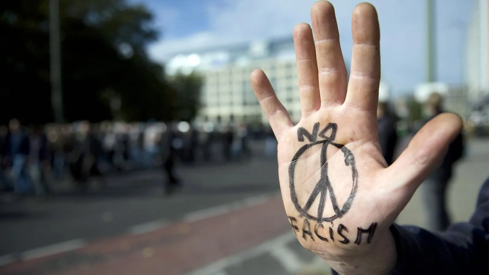 Рука со знаком пацифизма и надписью «Нет фашизму». imago stock&people via www.imago