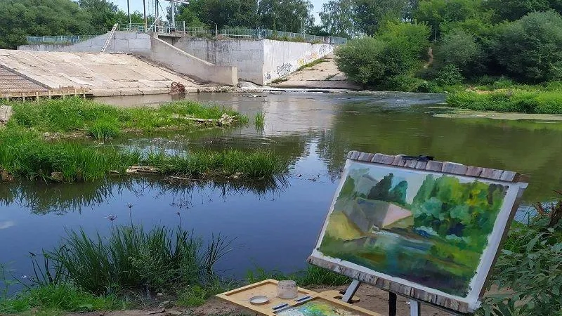 Художница запечатлела ремонт плотины в Серпухове