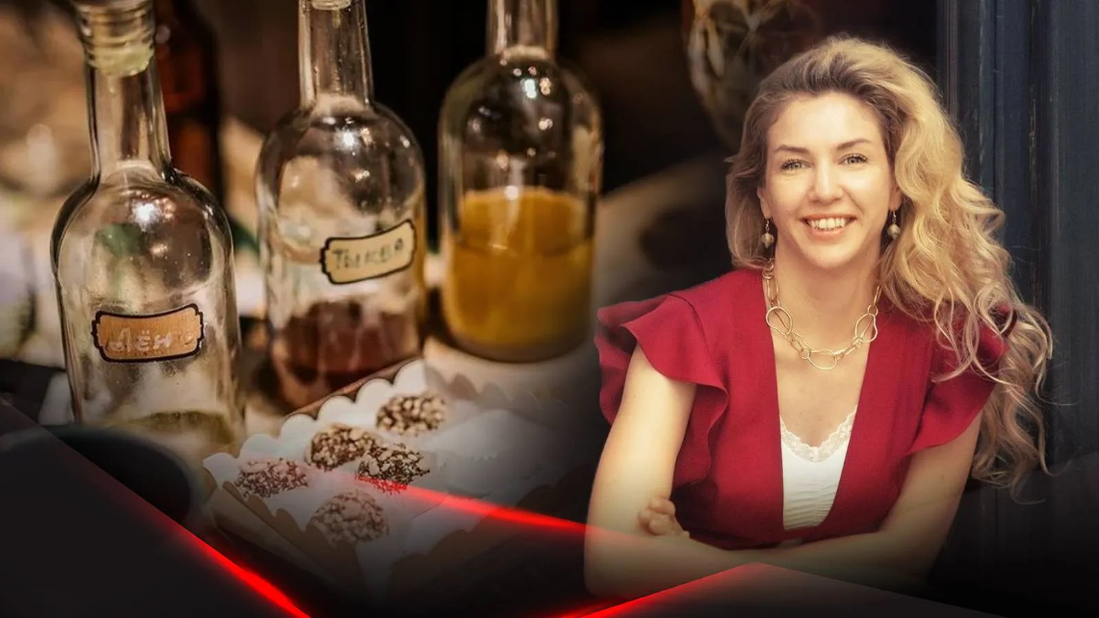 Людмила Савченкова на фоне бутылок с маслами