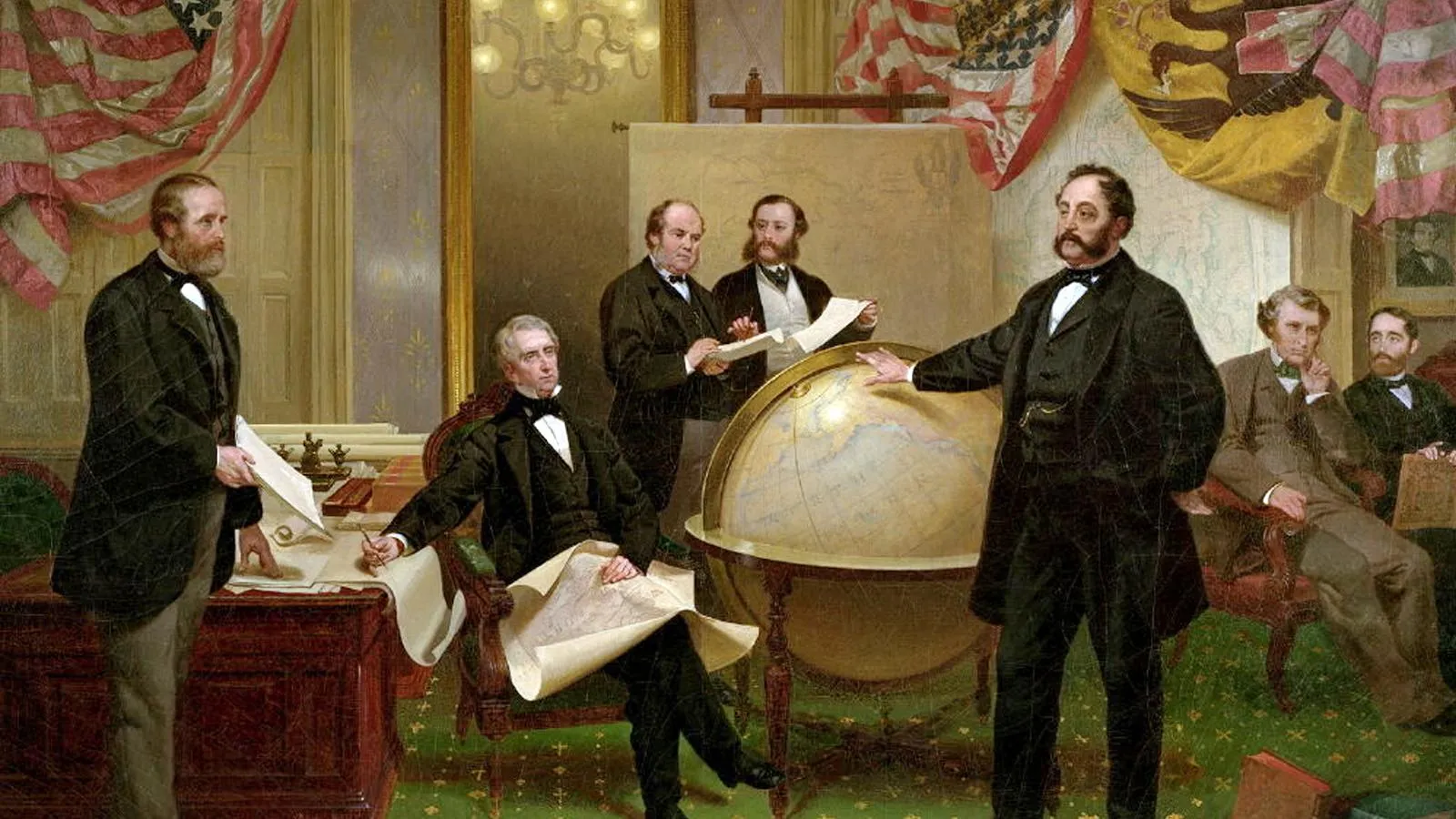 Картина Эмануэля Лойце «Подписание договора о продаже Аляски», 1868 год. У глобуса стоит Эдуард Стекль