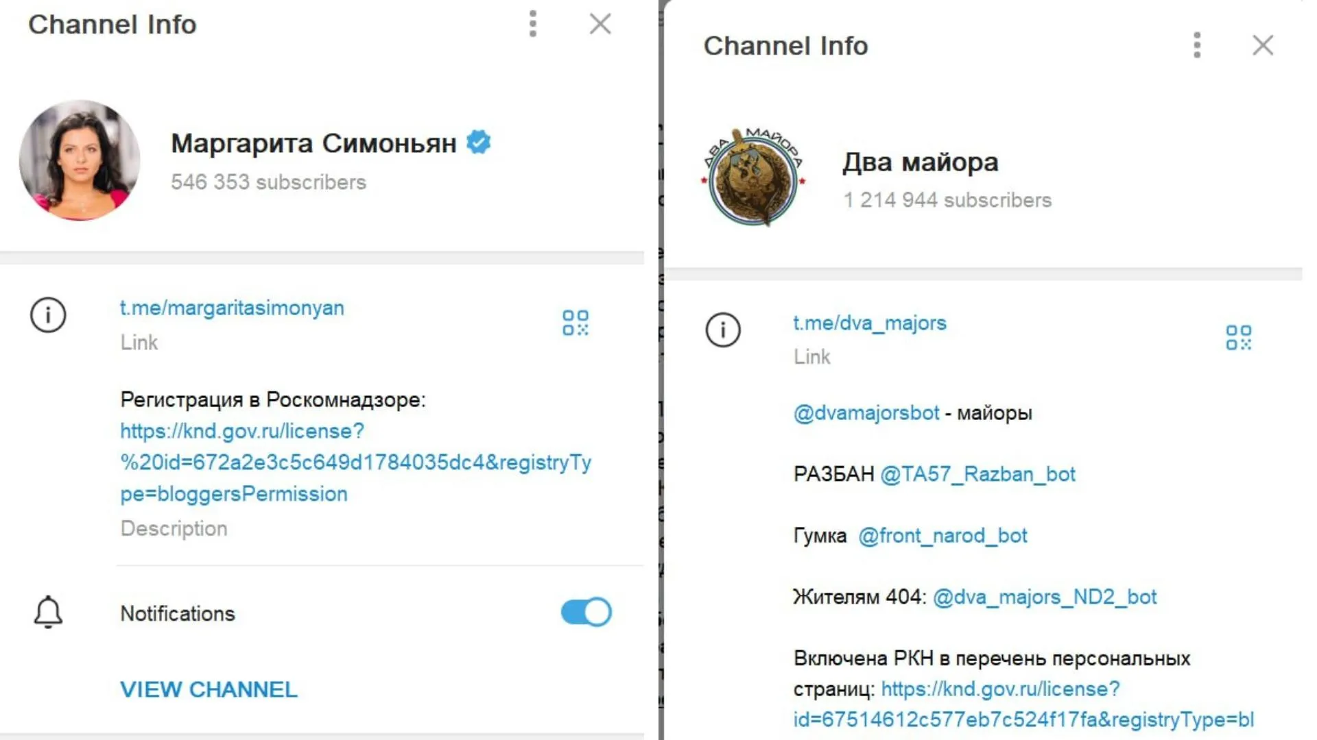 Примеры Telegram-каналов c регистрацией в РКН