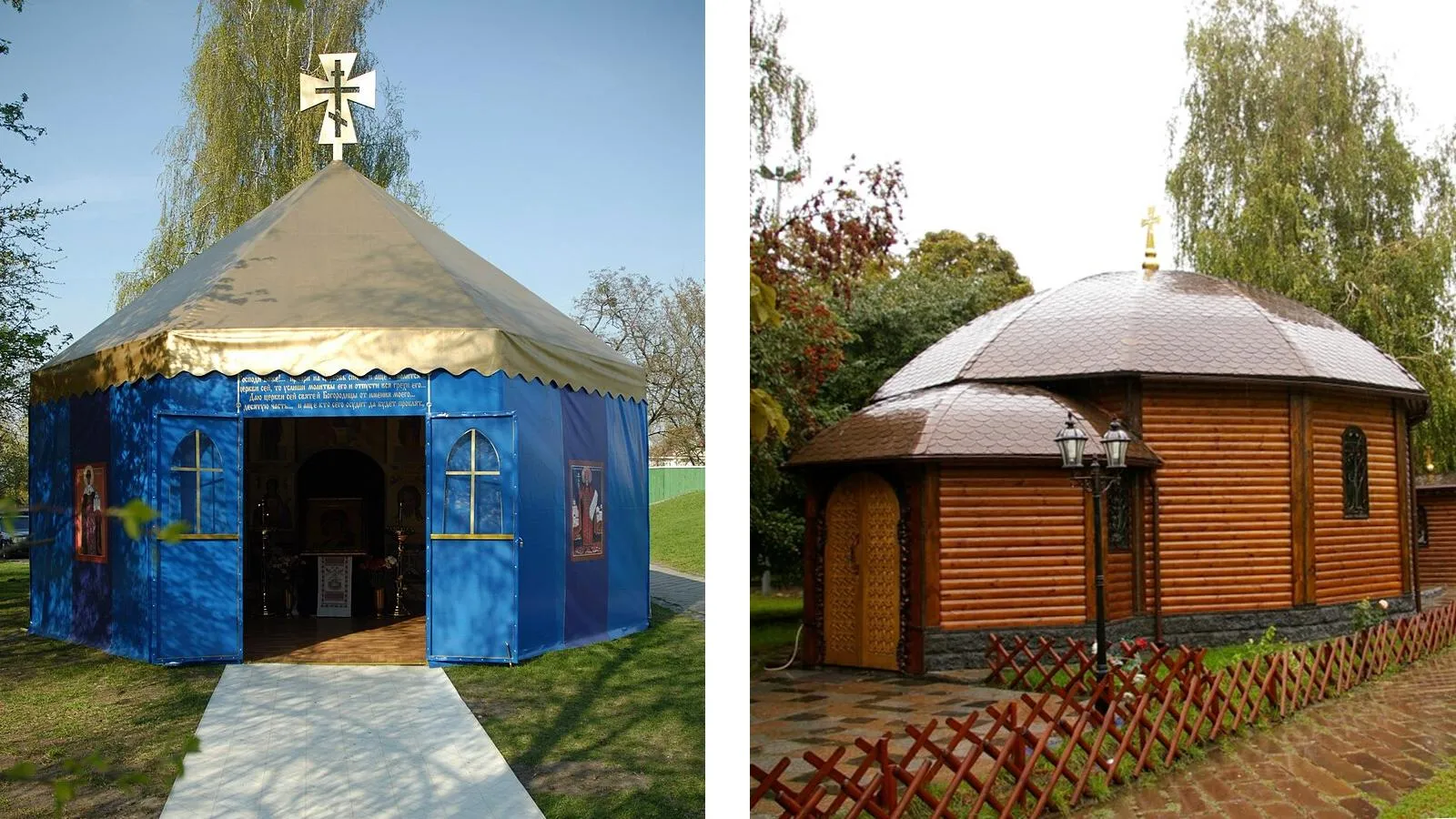 Первая церковь-палатка, 2006 год; деревянная церковь, 2008 год