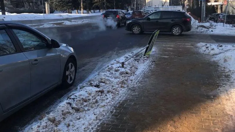 Дорожный знак в Наро-Фоминске рухнул в шаге от женщины и ее собаки