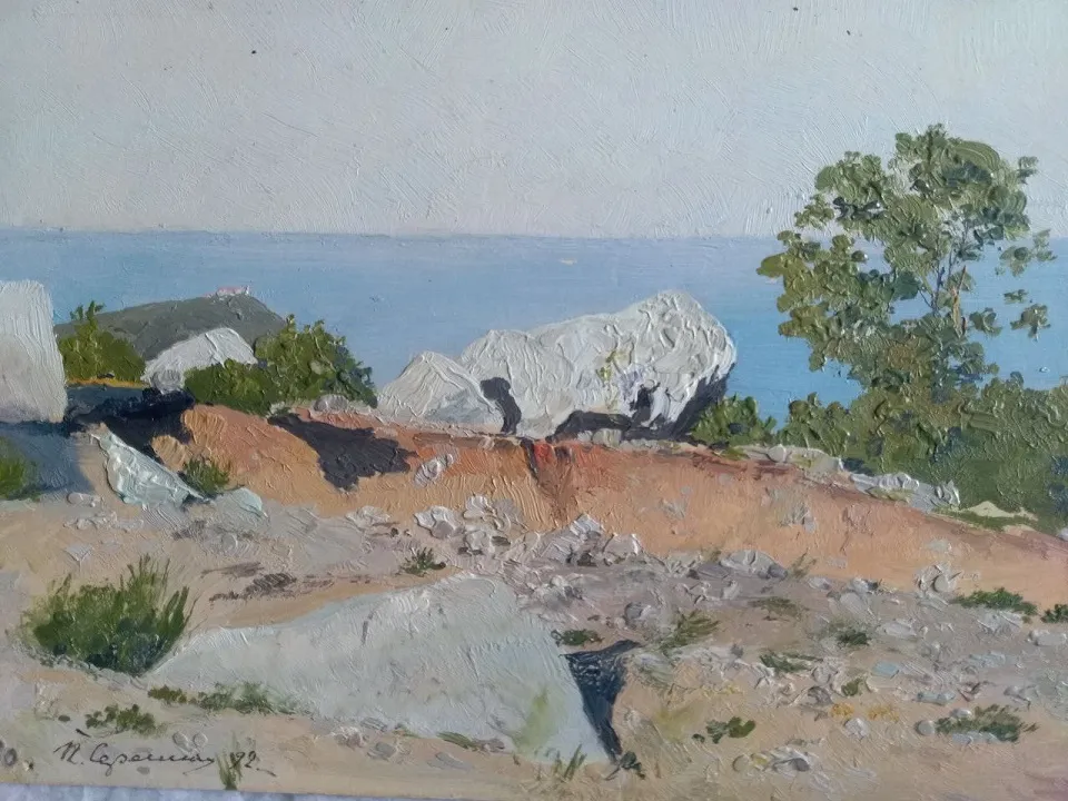 Этюд. «Камни на фоне моря». 1892, полуостров Крым. Картон, масло, масло. 17 х 24,5