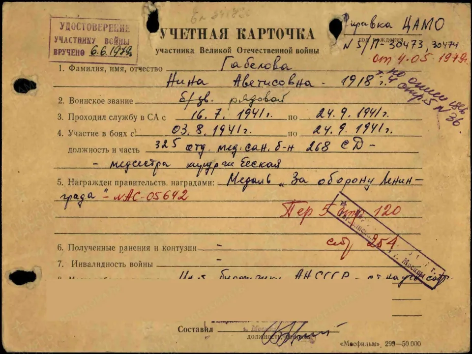 Учетная карточка участника ВОВ&nbsp;Нины Аветисовны Габеловой