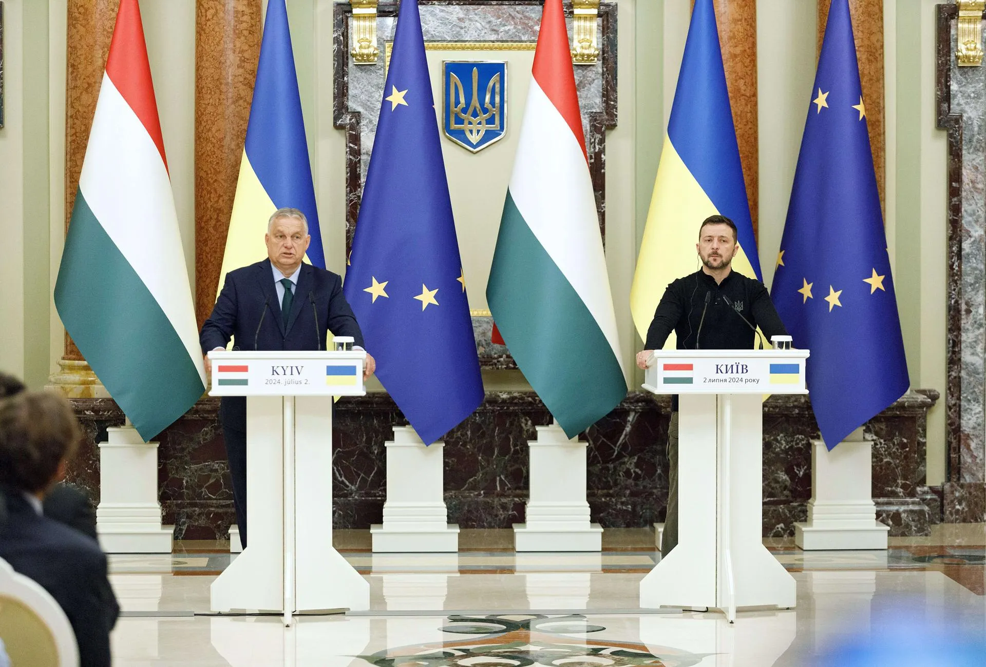 Виктор Орбан и Владимир Зеленский, 2024 год. Kirill Chubotin/Keystone Press Agency