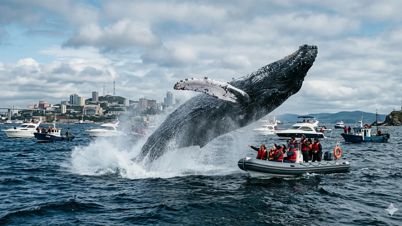 Гигант у самых лодок: во Владивостоке сняли бесстрашного кита, устроившего акробатическое шоу