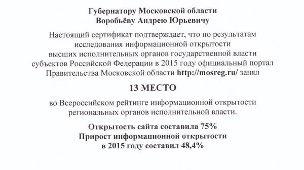 Сайт правительства МО поднялся на 64 пункта по информационной открытости