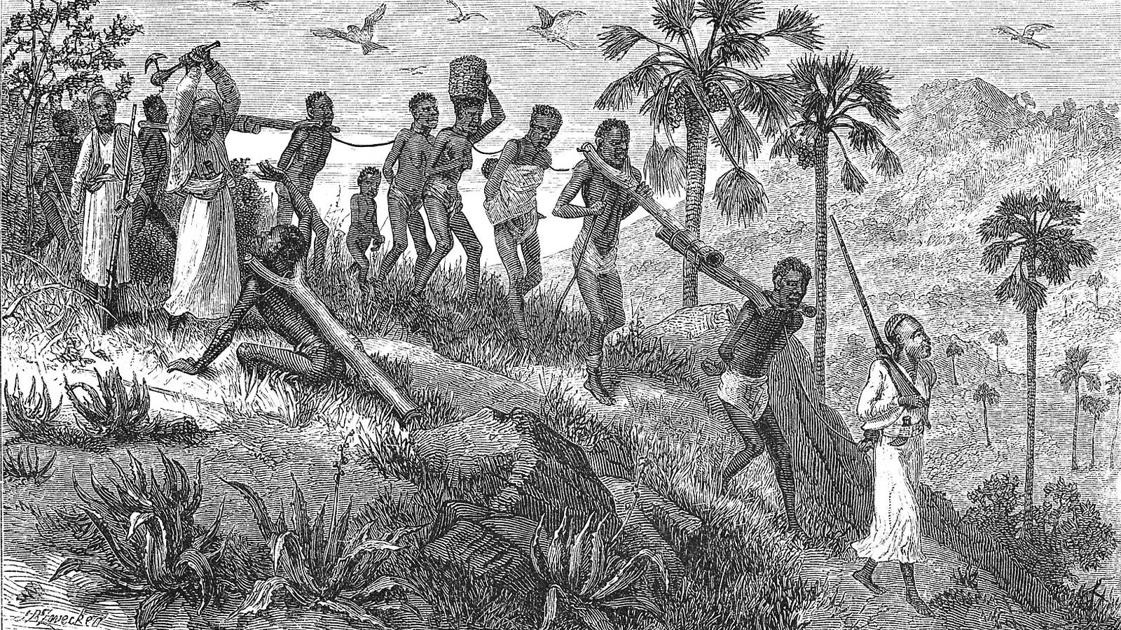 Аработорговцы-суахили и их пленники, гравюра неизвестного автора, 1866 год