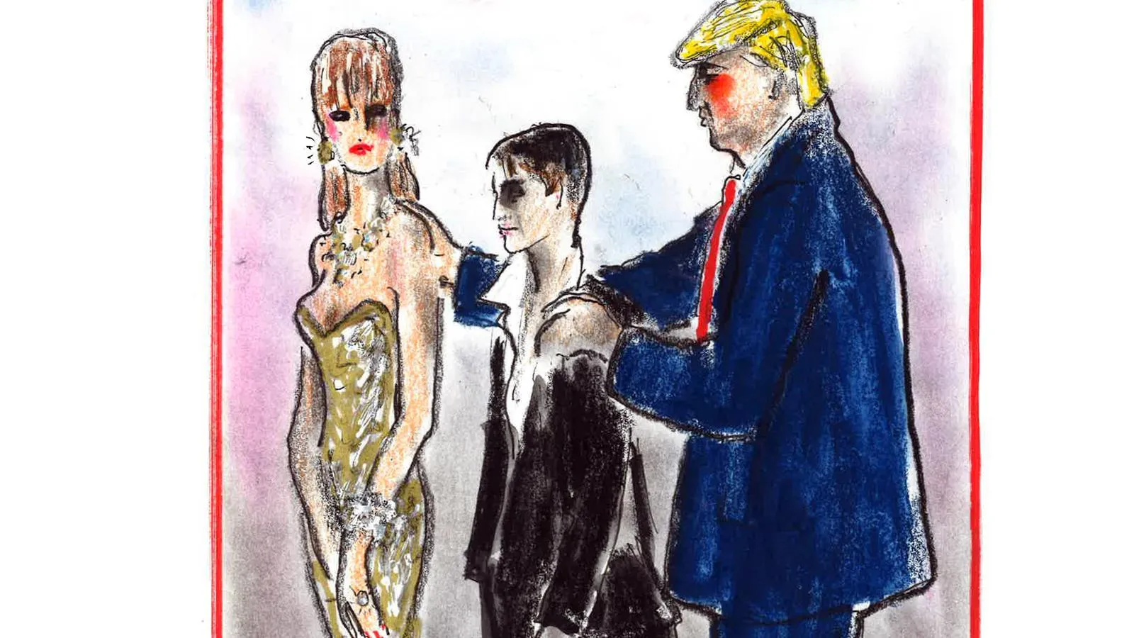Карикатура Карла Лагерфельда. Трамп объясняет немецкому политику Фрауке Петри (в черном), что она ему не интересна как женщина в сравнении с красавицей Меланией. Журнал Frankfurter Allgemeine, 21 апреля 2016 года