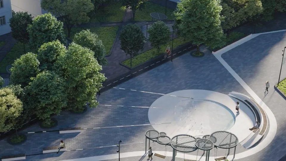 Проект: вид сверху на фонтан-спутник нового проспекта Победы. Фото: пресс-служба администрации г.о. Ступино