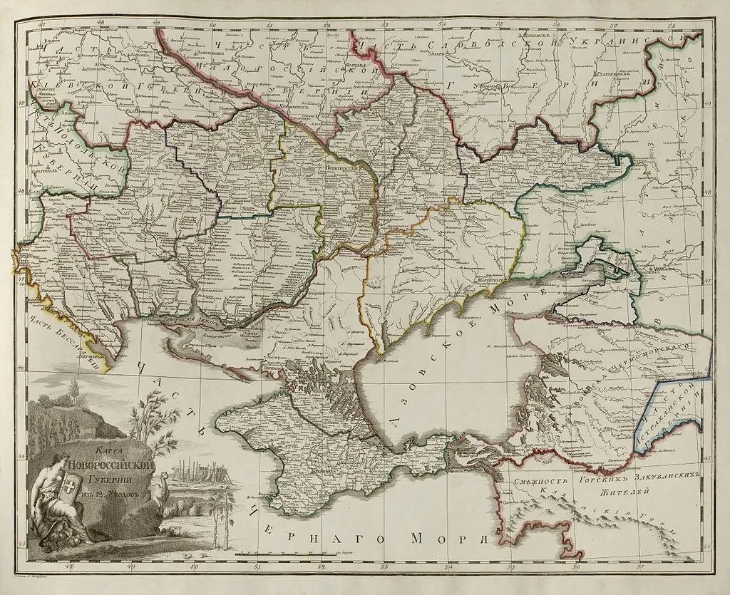Новороссийская губерния (12 уездов) из атласа Российской империи, 1800 год