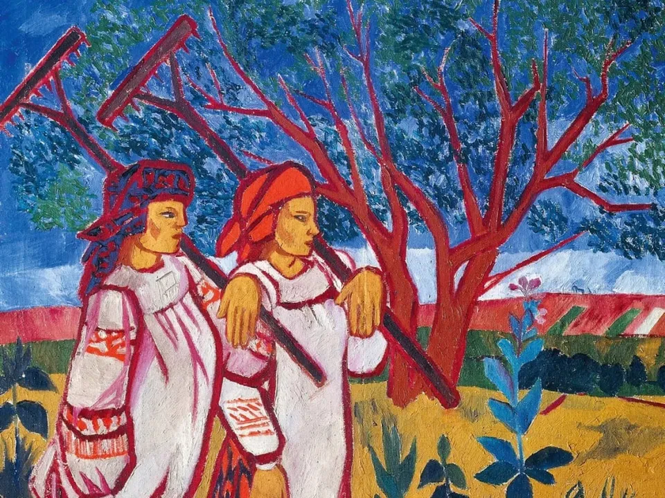 Фрагмент картины&nbsp;Наталии Гончаровой «Бабы с граблями», 1909 год. Фото: Серпуховский историко-художественный музей