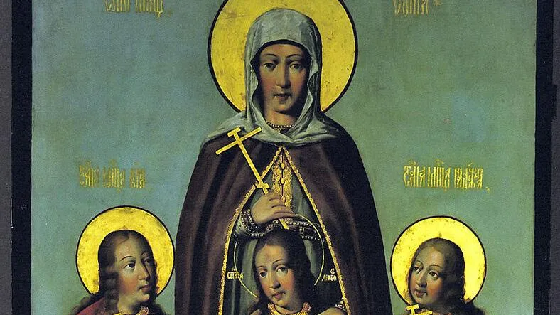 Вера, Надежда, Любовь и их мать София (икона Карпа Золотарева, 1685 год). Публичное достояние