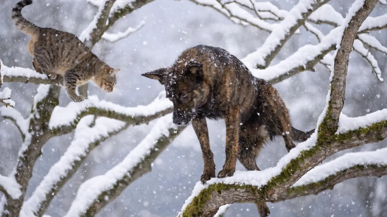 Это фиаско: в Балашихе пес вообразил себя белкой и застрял на дереве с котом