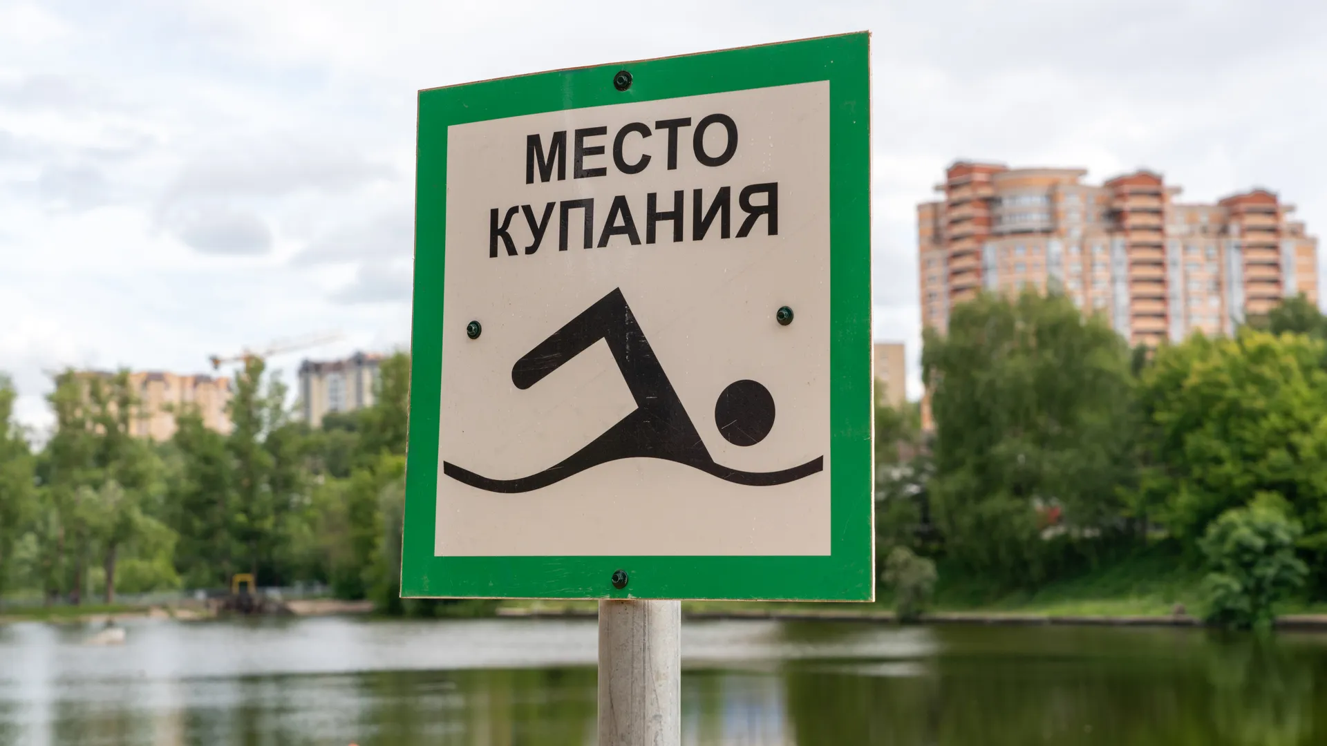 Знак «Место для купания» на пляже реки Банька в Красногорске