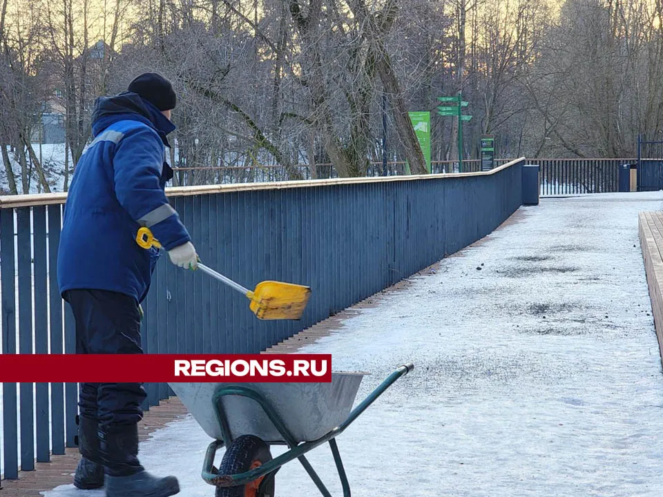 В Свердловском парке тропинки обработали противогололедным составом. Фото: Валерия Тингаева