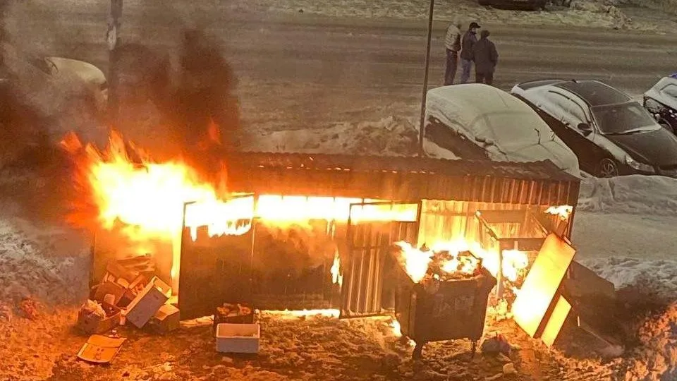 Загоревшаяся мусорка в Дрожжино. Фото: ТГ-канал «Дрожжино/ЖК Бутово Парк2»