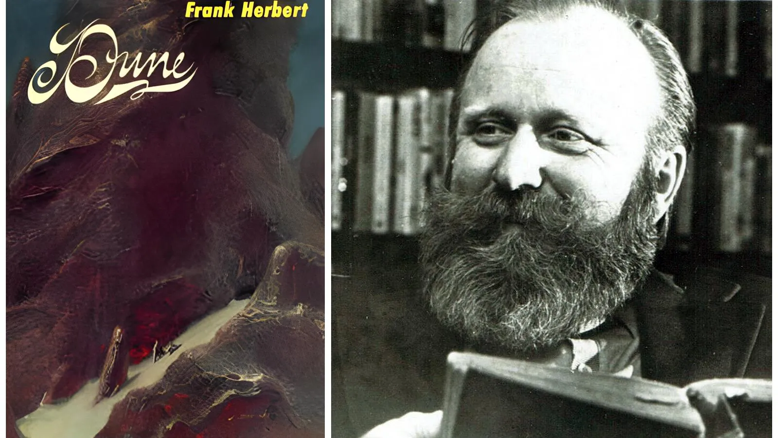 Обложка первого издания книги «Дюна»; Фрэнк Герберт в 1984 году