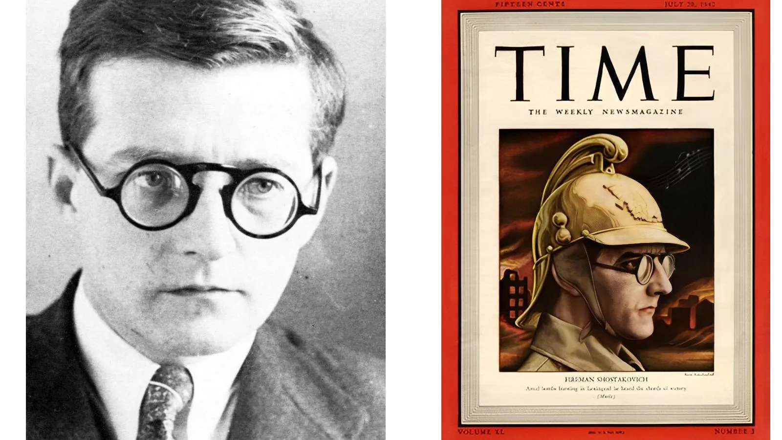 Дмитрий Шостакович, 1941 год; Шостакович в пожарной форме на обложке журнала Time, 1942 год