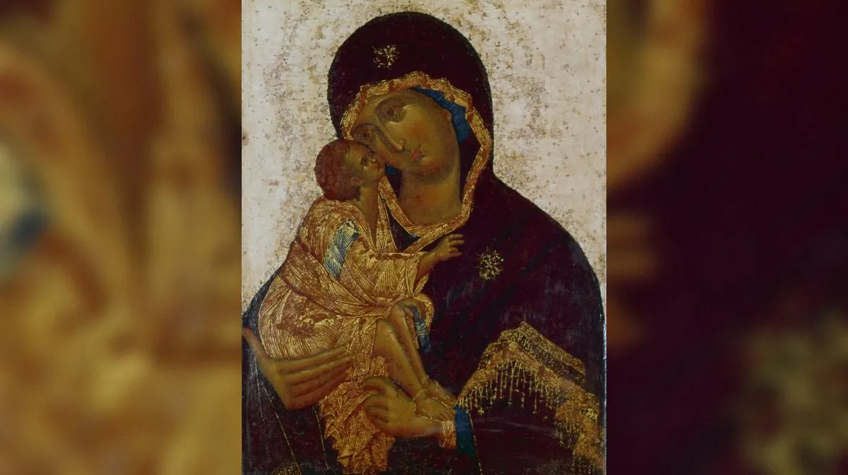 репродукция иконы «Донская Богоматерь» работы неизвестного художника конца 15-го века. Государственная Третьяковская галерея