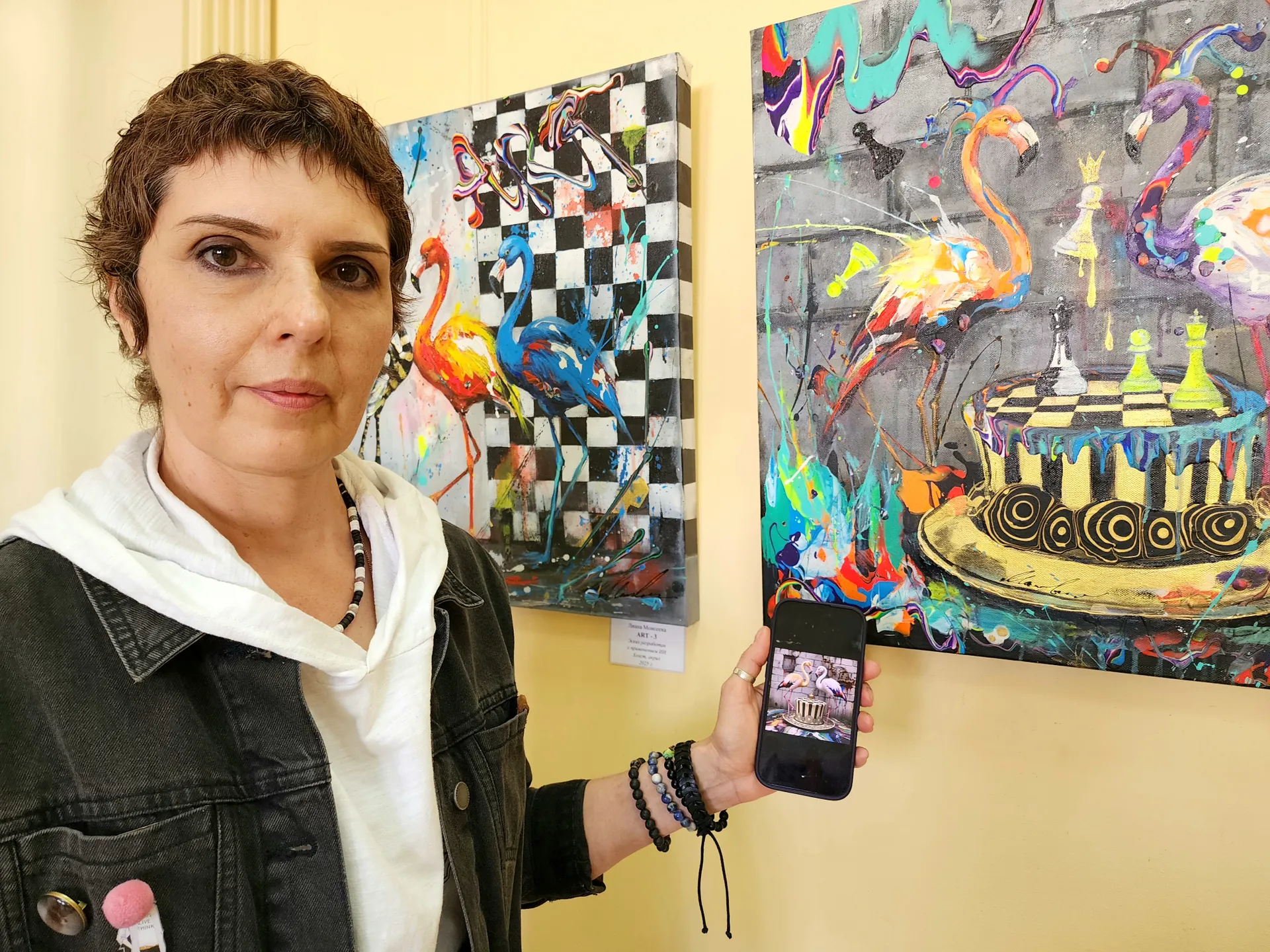 Художница Лиана Моисеева со своими работами на выставке в&nbsp;«Путевом дворце».&nbsp;Фото: МедиаБанк Подмосковья/Евгения Герасимова