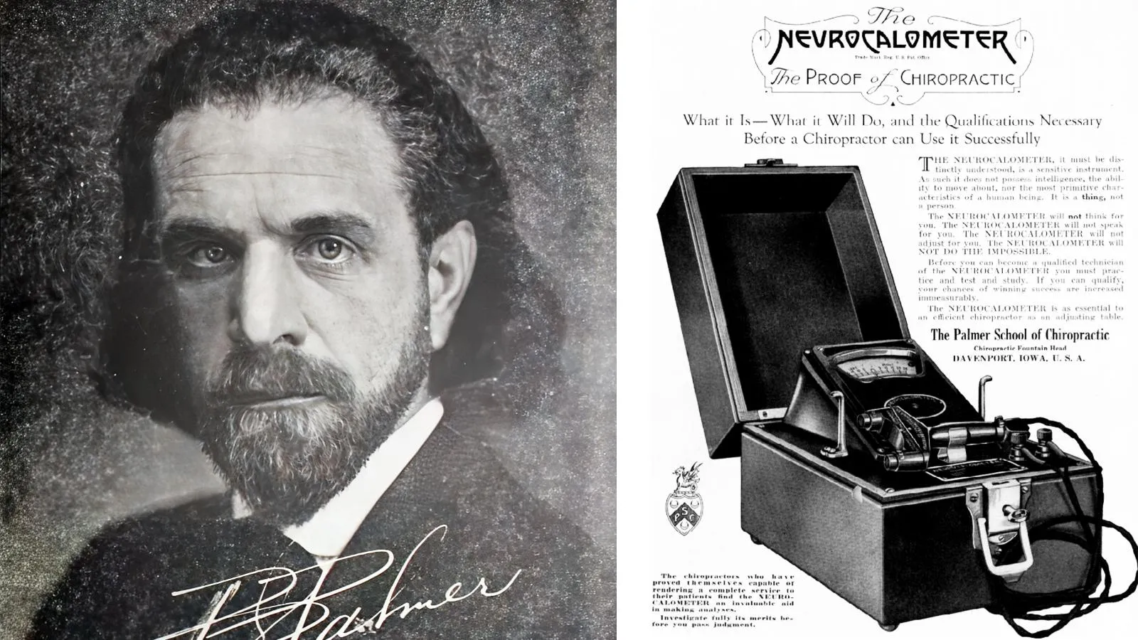 Бартлетт Джошуа Палмер, 1925 год; реклама нейрокалометра от школы хиропрактики Палмера